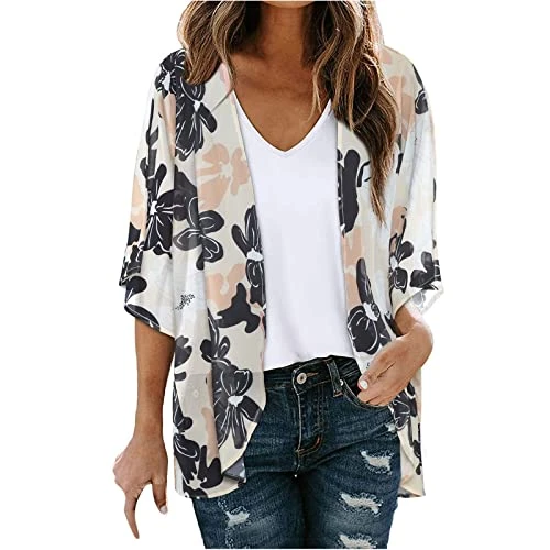 Women's Cardigans Floral Chiffon Cardigan Oversized Open Front Beach Cover Ups for Ladies UK Summer Tops Lightweight Short Sleeve Draped Shawl Blouse Elegant Casual