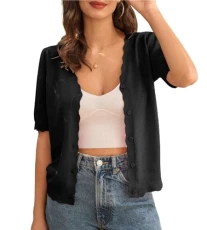 Women's Cardigans Short Sleeve V-Neck Button-on Hollow Out Knit Sweaters Lightweight Knitwear Cover Up L Size 16-18 Black Women's Cardigans Short Sleeve V-Neck Button-on Hollow Out Knit Sweaters Lightweight Knitwear Cover Up L Size 16-18 Black