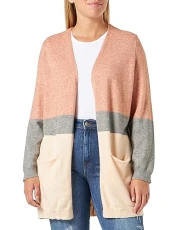 Women's CARNEW Stone L/S Long Stripe Cardi KNT Cardigan Sweater, Misty Rose/Stripes:Medium Grey Mel/Cloud Pink Mel, 16 UK/18 UK