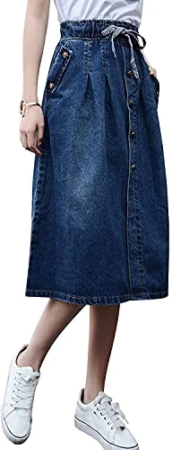 Women's Casual A-Line Pleated Midi Knee Length Denim Skirt (12, Blue)