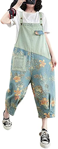 Women's Casual Adjustable Straps Floral Print Denim Bib Overalls Jeans Pants (10, Light Blue, numeric_10)