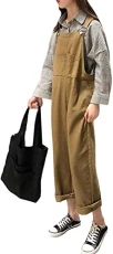 Women's Casual Baggy Loose Denim Overalls Adjustable Cropped Jumpsuits (14, khaki)