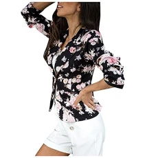 Womens Casual Blazers Work Office Side Pockets Button 3/4 Sleeves Jackes Suits Short Blazer Suit Long Sleeves Print Flower Casual Suit Jacket Slim Fit Elegant Blazer Coat Black