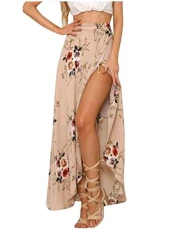 Womens Casual Boho Skirts High Waist Floral Print Wrap Beach Cover Up Long Skirt Apricot S