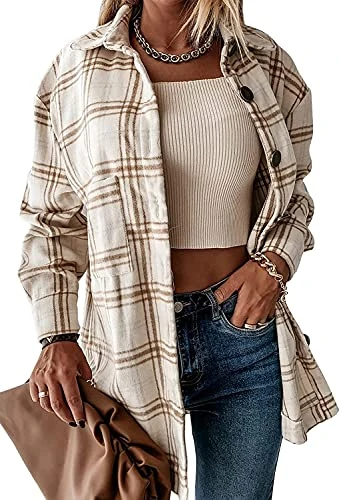 Womens Casual Button Front Loose Flannel Plaid Shirt Shacket Jacket (10, Beige)