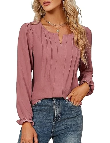 Womens Casual Chiffon Blouse Long Sleeve Tops V Neck Shirts Puff Sleeve T-Shirts Pink