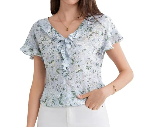 Womens Casual Chiffon Short Sleeve Blouse Tops Elegant Floral Printed T Shirts Blouse White Flowers L