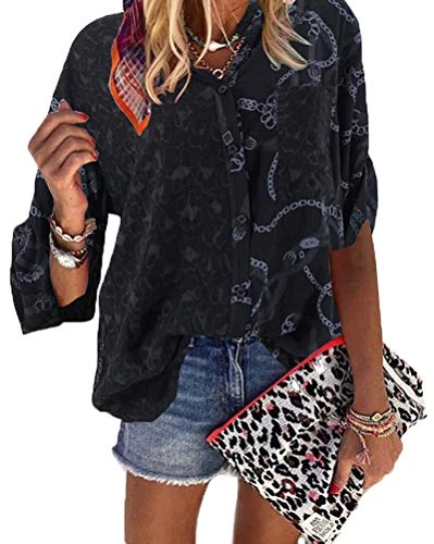 Womens Casual Chiffon V Neck Long Sleeve Button Down Blouse Solid Color Shirts Top Black 6