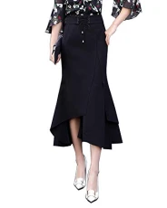 Womens Casual Classic High Waist Flared Draped A-Line Irregular Hem Maxi Skirts Black XL