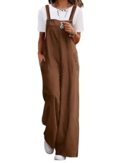 Women's Casual Corduroy Overalls Adjustable Straps Baggy Pants Wide Leg Jumpsuits with Pockets L PC2UK Brown
