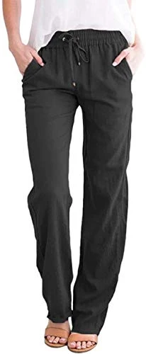 Women's Casual Cotton Linen Pants Casual Drawstring Elastic Waist Beach Trousers Lounge Bottoms (UK 4, Black)