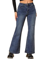 Women's Casual Denim Pants Mid Rise Ripped Stretchy Bootcut Jeans Blue 16