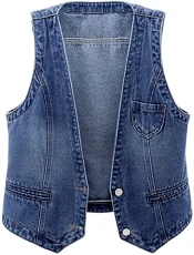 Women's Casual Denim Waistcoat Vest Sleeveless Jean Coat (18, Deep Blue)