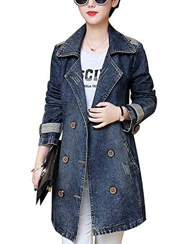 Women's Casual Double Breasted Lapel Mid Long Denim Blazer Jean Jackets (UK 12, Blue)