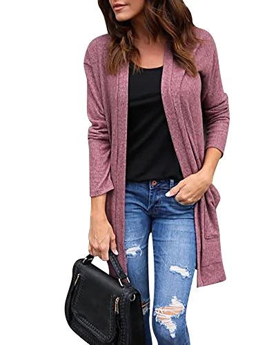 Women's Casual Drape Open Long Sleeve Tunic Tops Waterfall Cardigan Outwear with Pocket Pink UK 10