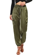 Women's Casual Drawstring Elastic High Waist Tie Silky Satin Cargo Pants Green 16