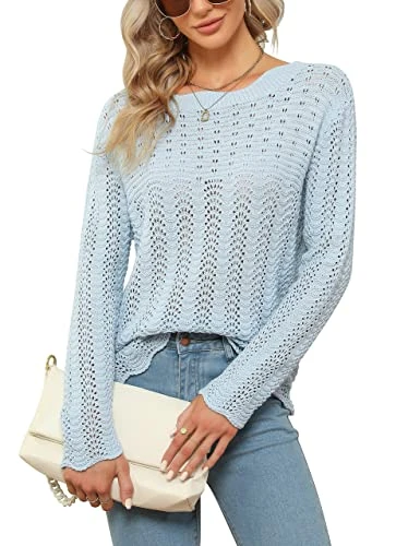 Womens Casual Fall Sweaters Dressy Knitted Pullover Crew Neck Long Sleeve Hollow Out Tops, Blue, M