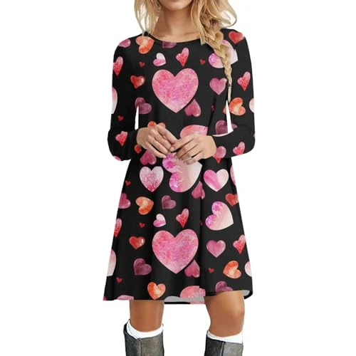Women's Casual Fashion Valentine's Day Print Round Neck Long Sleeve Tunic Dress Red Women's Long Sleeve Sweatshirt Dress Women's Long Sleeve Sweatshirt for Valentine's Day, black, M