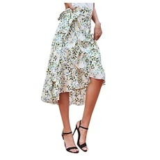 Women's Casual Floral Print Skirt Fashion Casual All-Match Summer Knee Length Midi Skirt Flowy Beach Skirts Green