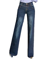 Women's Casual Jeans High Waist Loose Straight Denim Trousers Wide Leg Flare Pants Dark Blue 27