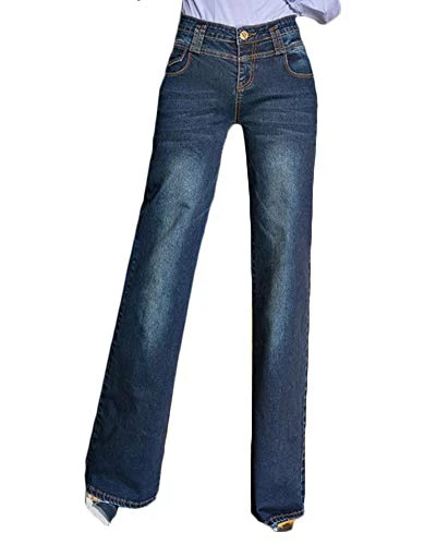 Women's Casual Jeans High Waist Loose Straight Denim Trousers Wide Leg Flare Pants Dark Blue 27