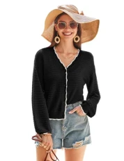 Women's Casual Knitted Cardigan Long Lantern Sleeves V-Neck Button-Up Pullover Hollow Knitwear, black, L