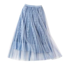 Women's Casual Lace Party Skirt A-Line Pleated Midi Skirts Blue One Size