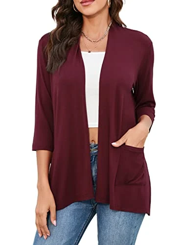 Womens Casual Lightweight Cardigans with Pockets 3/4 Sleeve Open Front Dusters(XX-Large,Wine Red)