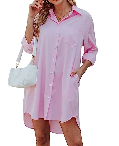 Women's Casual Long Sleeve Button Down Shirt Dress Oversize Swimsuit Cover Up for Women 2024 Pink