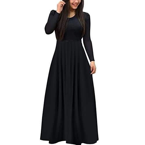 Women's Casual Long Sleeve Round Neck Maxi Dress Loose Long Dresses Elegant Prom Dresses Solid Color Spring Dress Stretch Plain Long Dress High Waist Evening Dress Black
