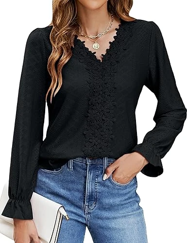 Womens Casual Long Sleeve Tops Lace V Neck Shirts Puff Sleeve Chiffon Blouse Loose Fit T-Shirts Blac