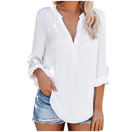 Women's Casual Long Sleeve V Neck Solid Color Shirt Women's Fashion Spring Autumn White Silk Blouse Retro Lapel Simple Button Down Blouse, white, XXL