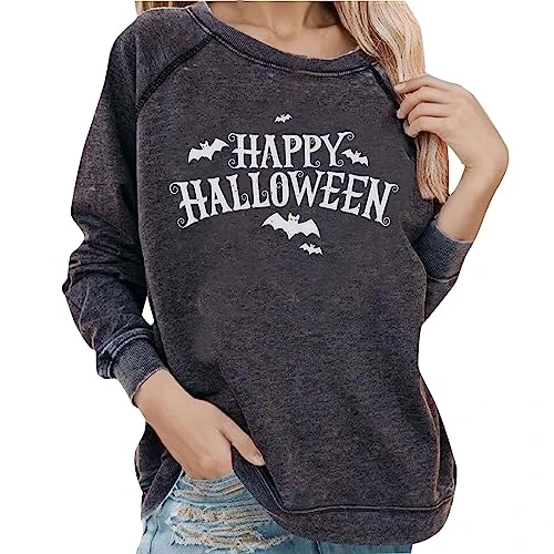 Women's Casual Long Sleeve Western Style Hooded Pullover with Halloween Print Zip Hoodie Oversized, gray, S