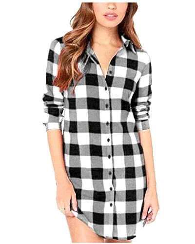 Women’s Casual Long-Sleeved Checked Cotton Long Shirt - Black - 14 (L)