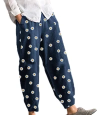 Women's Casual Loose Comfort Trousers Small Daisy Printed Harem Pants Blue