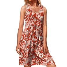 Women's casual loose container dress, summer floral print dress, pleated sleeveless sun dres