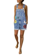 Women's Casual Loose Dungarees Denim Vintage Printed Baggy Jumpsuit Wide Leg Long Playsuit Bib and B