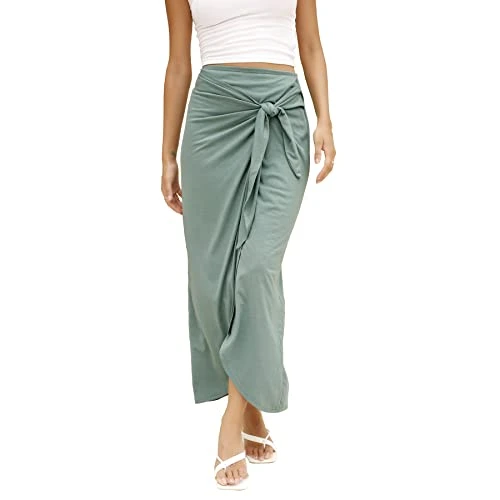 Women's Casual Maxi Skirt with Side Split - Retro Full Length Bohemian Skirt（Large,Sage Green）