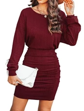 Women's Casual Mini Dress Bodycon Knit Round Neck Ruched Short Length Dresse Elastic Waist Party Dress with Long Sleeves Wine Red M Women's Casual Mini Dress Bodycon Knit Round Neck Ruched Short Length Dresse Elastic Waist Party Dress with Long Sleeves Wine Red M