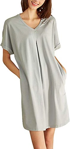 Women's Casual Modal Cotton V Neck Loose Fit Loungewear Nightgown with Pockets (L(Height:160-167cm), Grey Green)