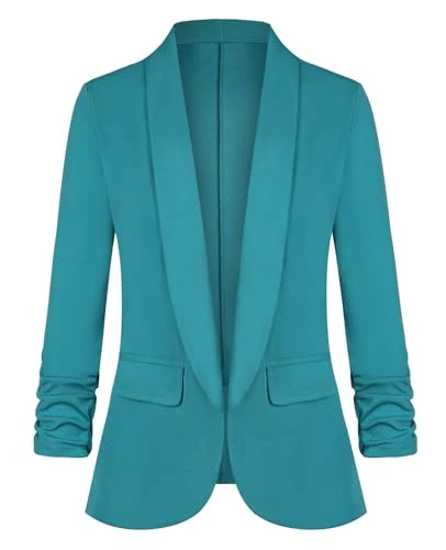 Women's Casual Open Front Blazers Shawl Lapel Ruched 3/4 Sleeve Office Lightweight Blazer Jackets with Pockets, Teal Green, M