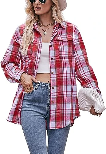 Womens Casual Plaid Button Down Shirts Boyfriend Long Sleeve Oversized Blouses Tops Red