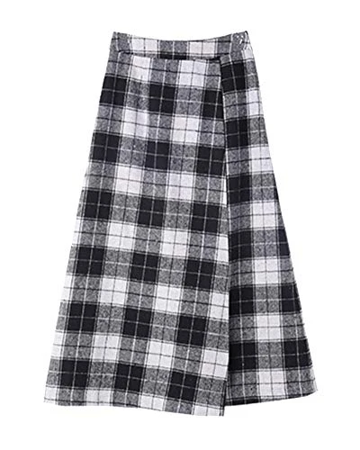 Women's Casual Plaid High Waist A-Line Flared Midi Long Irregular Hem Skirt Black White XL