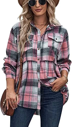 Womens Casual Plaid Shacket Button Down Long Sleeve Shirt Fall Jacket Shackets Pink