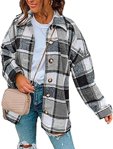 Women's Casual Plaid Shirts Long Sleeve Button Down Plaid Shacket Shirt Jacket Tops (14, Grey)