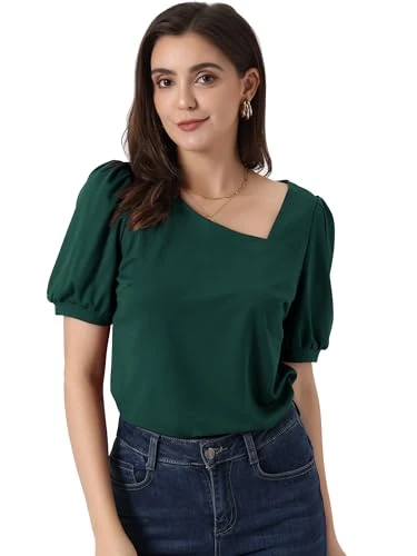 Women's Casual Puff Short Sleeve Top Asymmetric V-Neck Blouse, dark green, XL