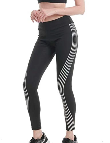 Women's Casual Reflective Stripes Fitness Leggings Stretch Glow in Dark Yoga Pants Trousers Black X-Large