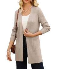 Womens Casual Ribbed Knit Cardigan Mid ength Work Office Cardigan Coat with Side Splits Khaki L