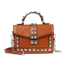 Women's Casual Rivet One Shoulder Handbag Solid Color Crossbody Bag Light Weight Brown