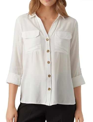 Women's Casual Shirt with Chest Pockets Regular Fit Stretch 3/4 Sleeve Top, Colours:White, Size:M